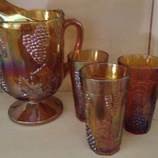   Glass Pitcher with Matching Glasses Amber Grapes Leafs Nice Set
