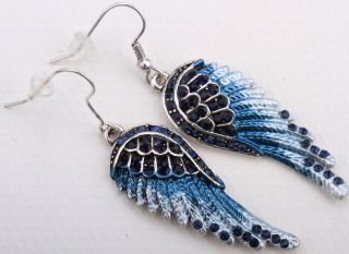 Dark Blue Crystal Angel Wing Earrings EC23 Matching Ring Pin Pendant 