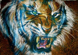 Original Chalk Pastel Tiger Cat Portrait Amate D Flores