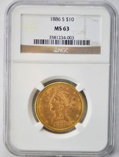 1886 S $10 Liberty Head Gold Coin NGC MS63 Rare Old Gold San Francisco 
