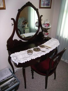 1930 Queen Anne Mahogany Vanity w Tilt Oval Mirror Chair