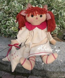  Primitive Prim Fabric Girl Doll Raggedy Ann Angel w Star 20
