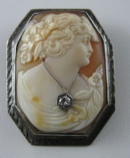 Antique Victorian Cameo Lady w Diamond Pendant Pin Brooch