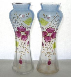 Antique Vase Pair 1800s Mirror Image Hand Painted Glass Victorian or 