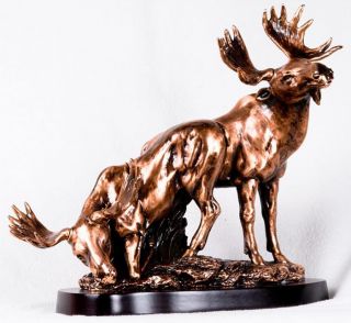 10 inch Copper Moose with Large Antlers Eating Statue