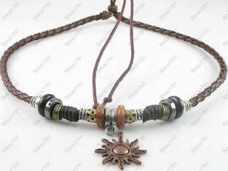  Tribal Hemp Brown Leather Beads Beaded Necklace Choker Mens Women #03