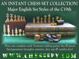 ANTIQUE/VINTAGE C19th ENGLISH CHESS SET STYLES COLLECTION (3 SETS w 