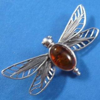 Honey Baltic Amber .925 Sterling Silver Bumble Bee Brooch Pin