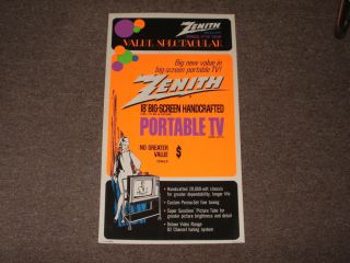 ZENITH PORTABLE TV Cardboard Store Display Sign  1970s  Neon Colors 