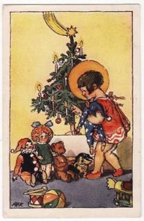 post card girl talking to toys under christmas tree time