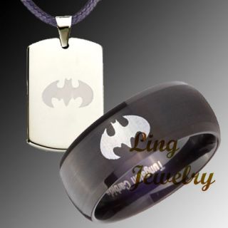 Tungsten Batman Pendant & Two 10MM Satin Black Dome Ring Set