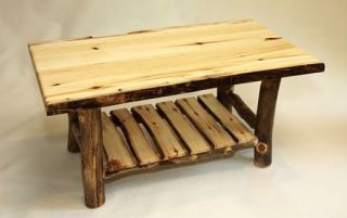 Amish Rustic Log Coffee Table Solid Aspen Slab Wood Cabin Lodge 
