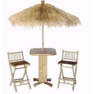   bar height dining table 2 barstools and 1 umbrella bamboo and grass
