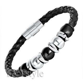 Black Leather With Stainless Steel Magnet Buckle Bangle (BR40)