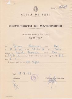Italy Bari Revenue Stamped Marriage Certificate 1961