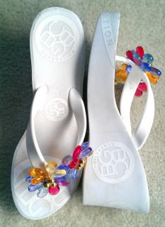BCBG Paris Sadah Embellished Flip Flop Sandal Flower White Wedge 