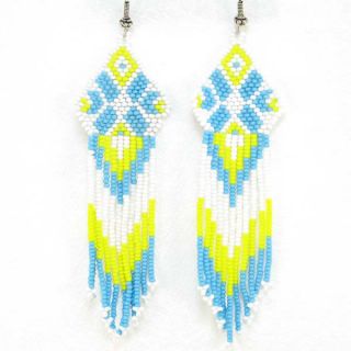 Turquoise Blue White Yellow Beaded Earrings Native Art