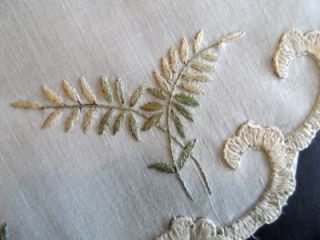   Embroidered Society Silk Ecru Linen Doily 15 Round Fern Design