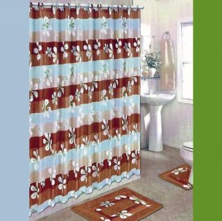BROWN AND BLUE 15 Piece Bathroom Set 2 Rugs/Mats, 1 Fabric Shower 