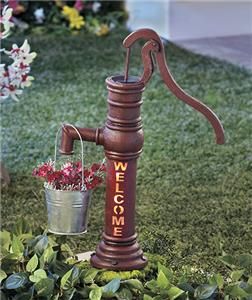 Solar Lighted Country Welcome Water Pump Garden Yard Deck Planter 