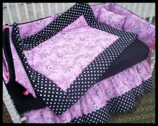 New Pink Skulls Black White Polka Dot Crib Bedding Set