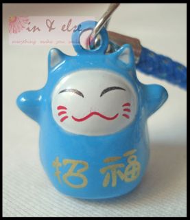 Blue Maneki Neko Lucky Cat Bell Phone Charm Strap 0 6