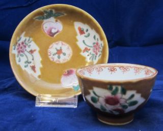   antique set of Chinese cup & saucer Batavia ware peaches and flowers