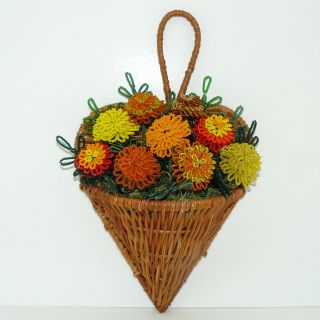 French Beaded Flowers Marigolds in Hanging Heart Basket