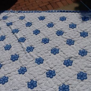 Vintage Chenille Blue and White Bedspread