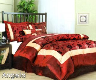 PC Floral Satin Bedding Comforter Set Queen Burgundy
