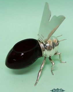 Novelty English Silver Plated And Glass Bee Honey Dish / Jar