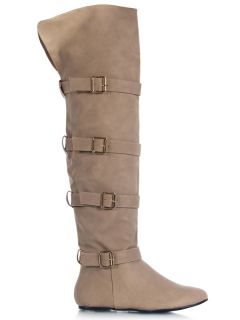 New Qupid Women Trendy Over The Knee Buckle Detail Flat Boot Sz Beige 