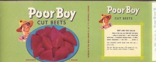 Vintage Original POOR BOY BEETS Vegetable Can Label 1950s Pine Grove 