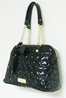 New Betsey Johnson Betseyville Black Patent Hearts Satchel Handbag 