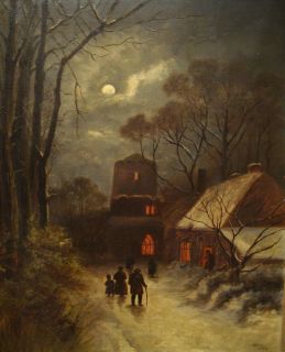   English Moonlit Winter Country Scene Antique Oil Painting Benjamin Day