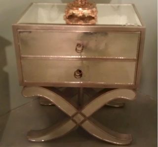 Bethel Antique Mirrored 2 Drawer Crossed x Leg Nightstand End Table $ 