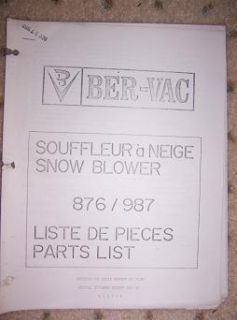 1983 Ber Vac Snow Blower 876 987 Parts List Canada T