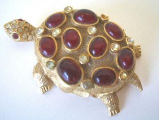 Vintage Polly Bergen Pill Box Turtle Snuff Box Lip Gloss Red Cabochons 