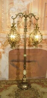   Antique Vintage Bronze Leafy Lantern Billard Floor Lamp w Onyx