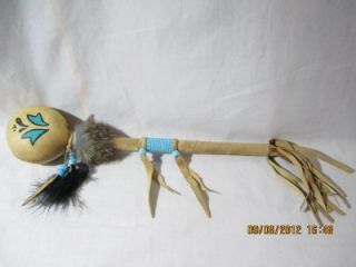 Navajo Indian Spirit Stick Leather & Fur Beaded Rattle 12 Long