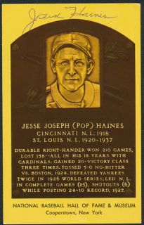 Jesse Haines Cardinals Hand Signed Gold HOF Plaque Postcard