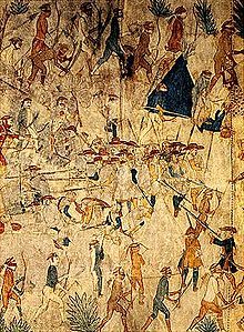 Painting of a group of Native Americans surrounding and fighting with 