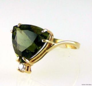 Natural Genuine Trillion MOLDAVITE Diamond Ring 14k Gold 3 00cts 