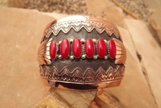 Dead Pawn Indian Big Wide Coral Hand Stamped Bracelet Cuff By RS 98 8 