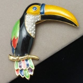 Toucan Bird Brooch Pin Vintage Enamel Rhinestones
