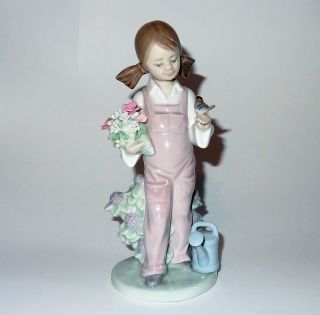 Lladro Signed Porcelain Figurine Girl with Bird Flowers
