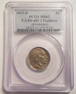 1913 D Type 1 2 Feather Buffalo Nickel PCGS MS62