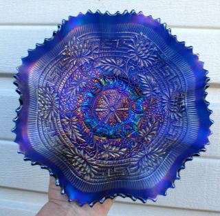 NORTHWOOD EMBROIDERED MUMS ELECTRIC BLUE CARNIVAL GLASS BOWL