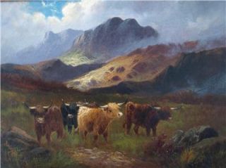 Large 19thC Oil Painting Highland Cattle Henry Calvert