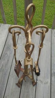 Antique Cast Iron 4 piece fireplace tool set Kit Tongs Shovel Broom 